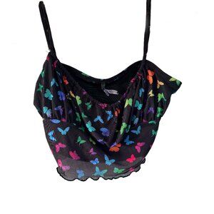 A.Lab Y2K Butterfly Mesh Crop Cami Top Black Rainbow Rave Festival Fairy